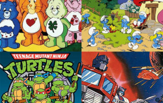 A 2x2 grid featuring the Care Bears, the Smurfs, Teenage Mutant Ninja Turtles, and Transformers.