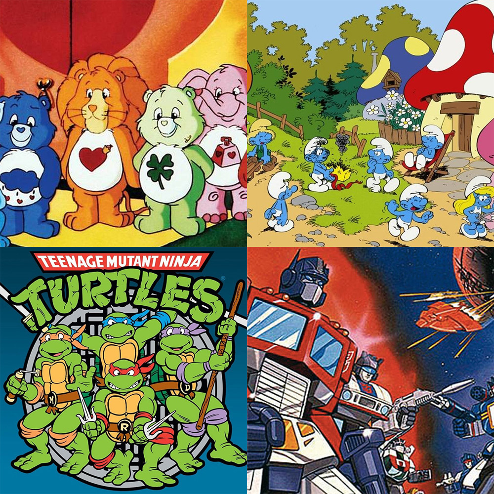 A 2x2 grid featuring the Care Bears, the Smurfs, Teenage Mutant Ninja Turtles, and Transformers.