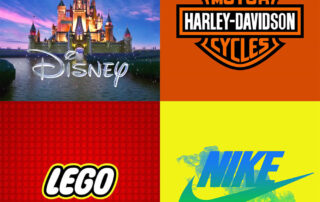 A 2x2 collage featuring logos of Disney, Harley Davidson, Lego, and Nike