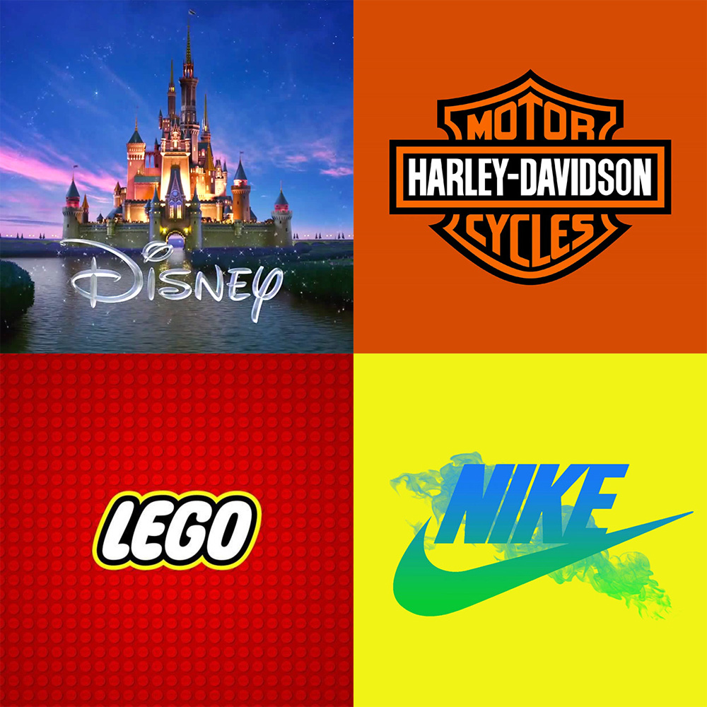 A 2x2 collage featuring logos of Disney, Harley Davidson, Lego, and Nike