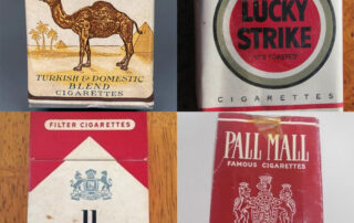 A 2x2 collage of old cigarette packs