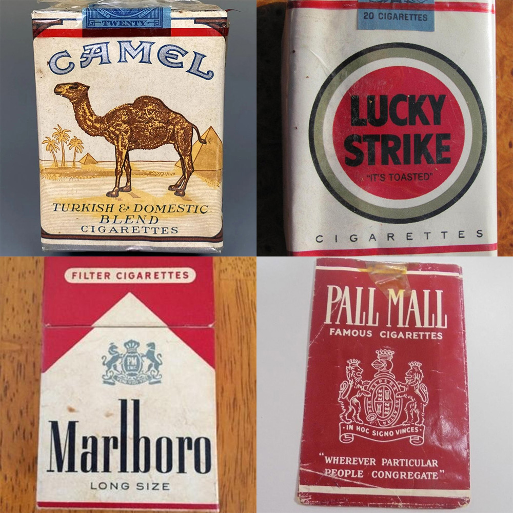 A 2x2 collage of old cigarette packs