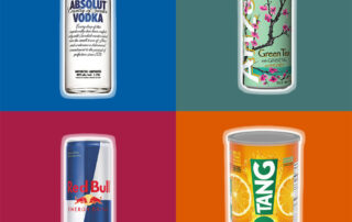 a collage of four beverages