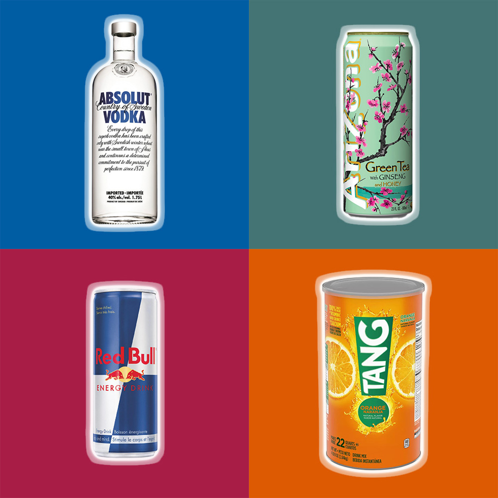 a collage of four beverages
