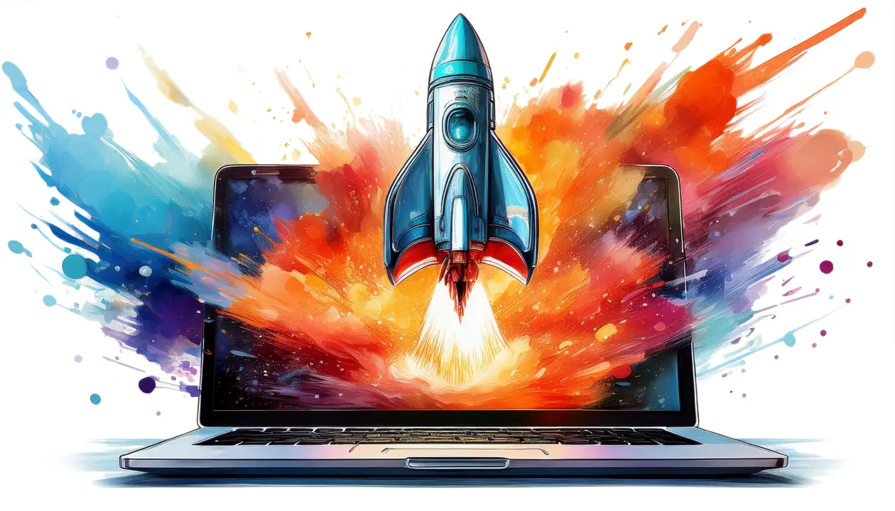 dramatic water color of a rocket ship blasting out of a laptop computer