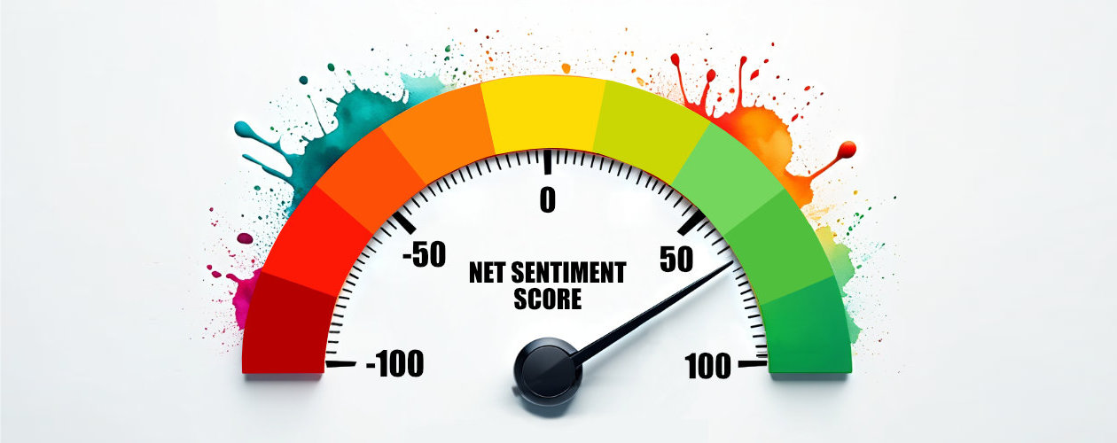 a gauge going from red to green with the words net sentiment score printed underneath